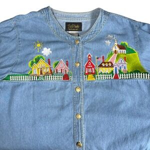 Bob Mackie Embroidered Denim Shirt Small Town Gold Buttons Womens 2X Vintage 90s